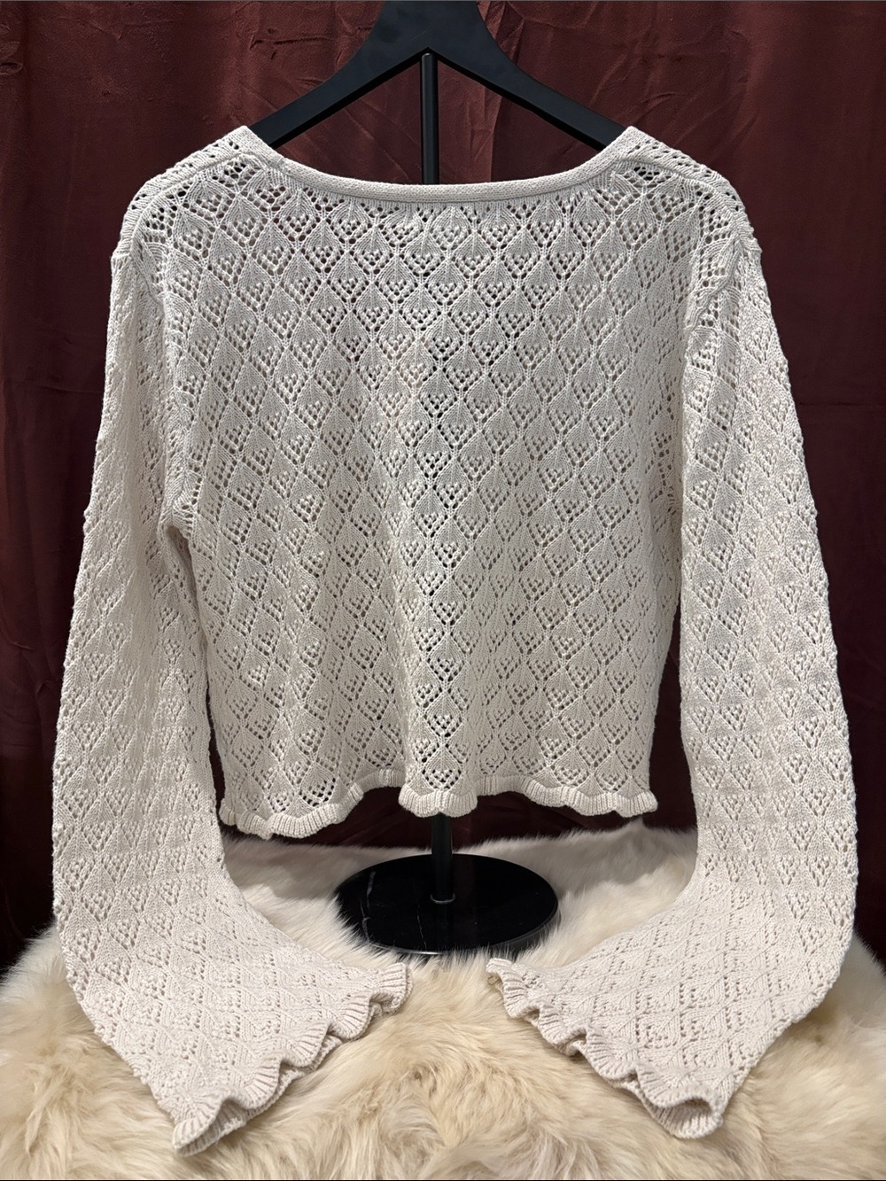 Sincerely Jules Cream Openwork V-Neck Cropped Cardigan with Blue Faux Stone - Picture 8 of 8